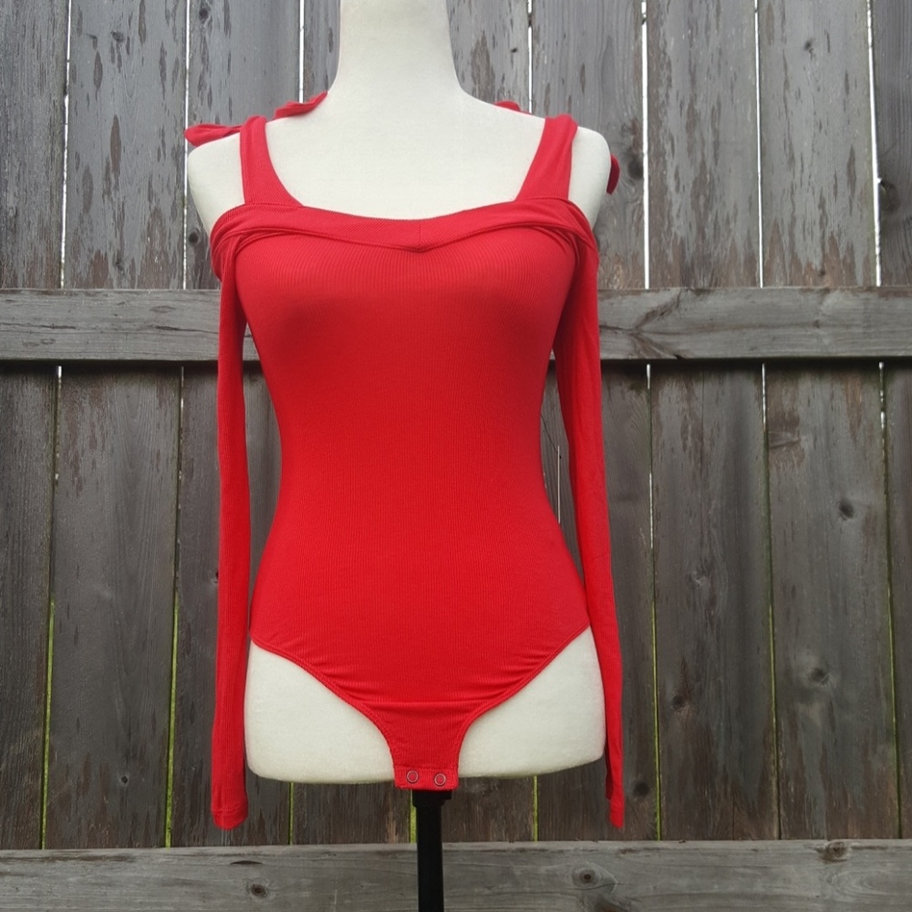 Express Red Ribbed Open Shoulder Bodysuit XS NWT